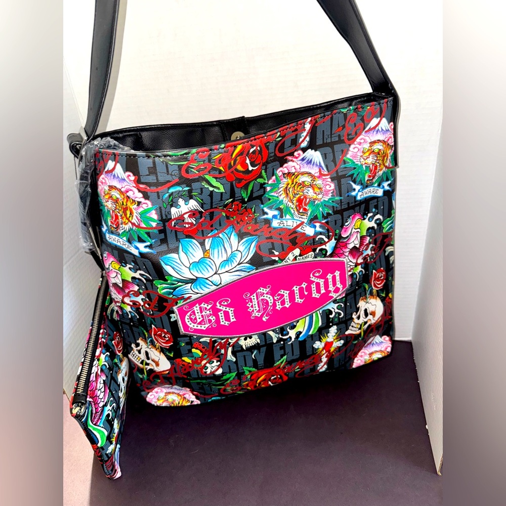 Ed Hardy Multicolor Tiger Floral Skull Tote Bag & Pouch BNWT